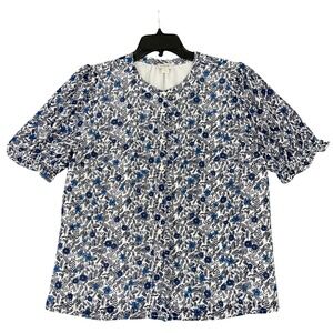 J.Crew Short Sleeve Blouse Women L Blue Floral Button Front Lightweight Workwear